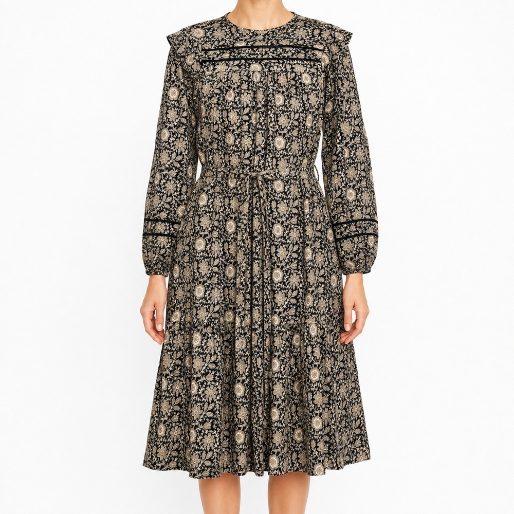 Boden Jersey Dress Womens 8L Ditsy Floral Ruffle Pleated Keyhole Cottage Peasant